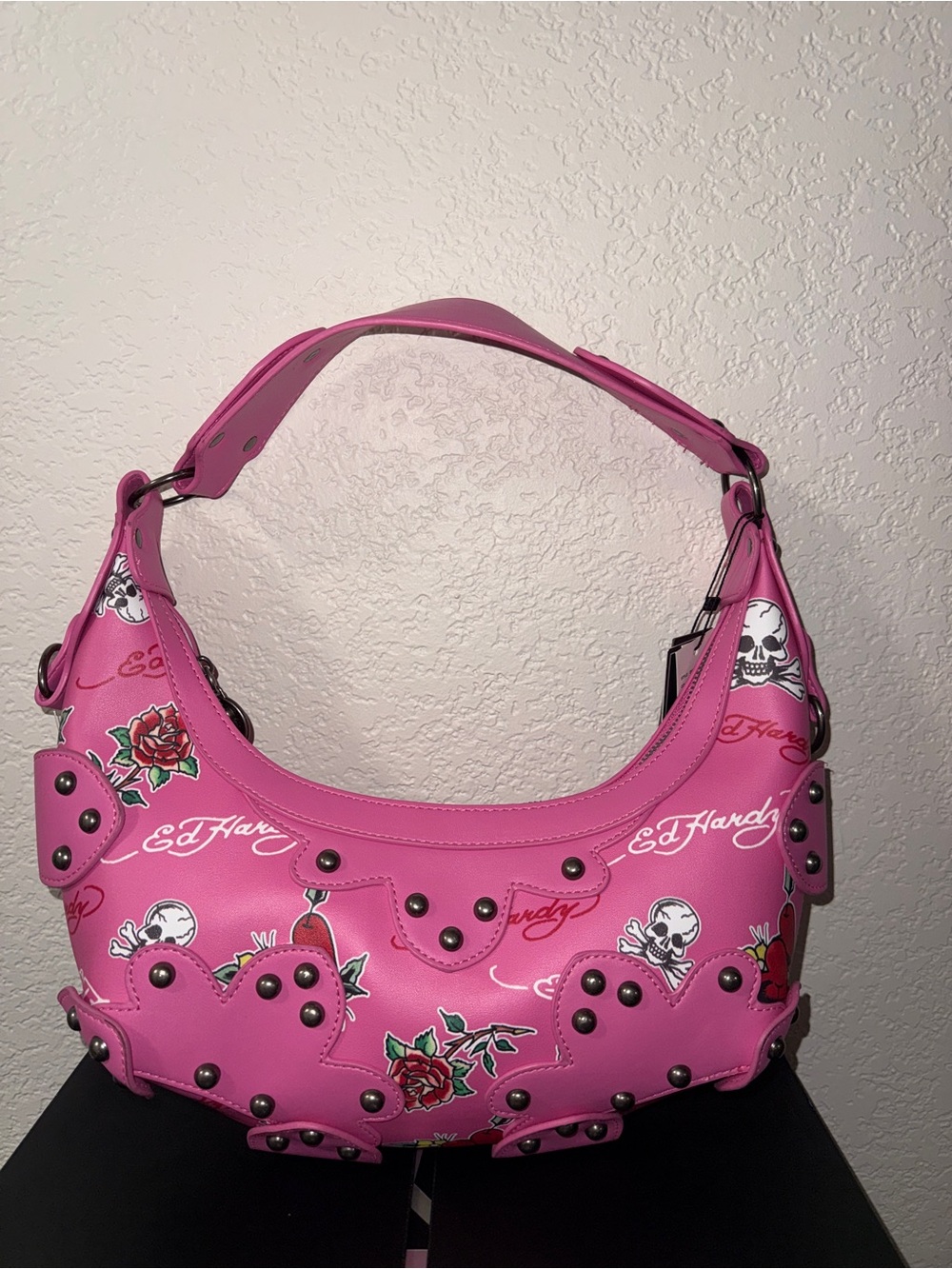 Ed Hardy Hot Pink Tattoo-Print Shoulder Bag with Studs